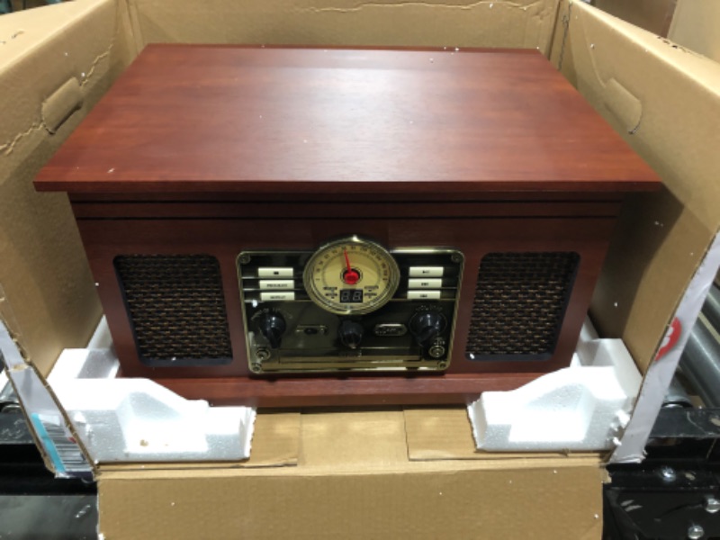 Photo 1 of PARTS ONLY!!! Victrola Nostalgic 6-in-1 Bluetooth Record Player & Multimedia Center with Built-in Speakers - 3-Speed Turntable, CD & Cassette Player, FM Radio | Wireless Music Streaming | Mahogany Mahogany Entertainment Center