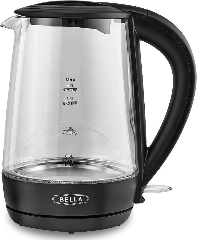 Photo 1 of BELLA 1.7 Liter Glass Electric Kettle, Quickly Boil 7 Cups of Water in 6-7 Minutes, Soft Blue LED Lights Illuminate While Boiling, Cordless Portable Water Heater, Carefree Auto Shut-Off, Black
