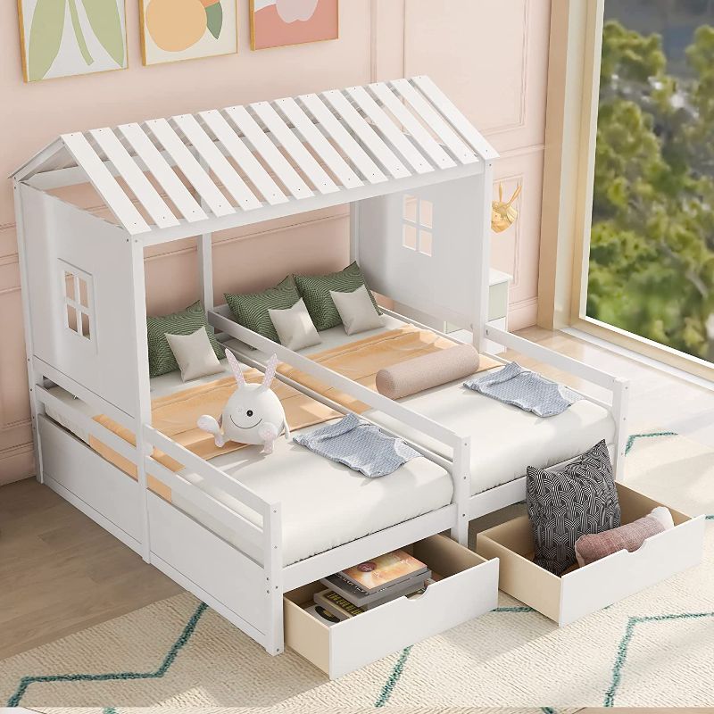 Photo 1 of (INCOMPLETE SET) House Platform Bed ,Twin Size Shared Beds , Combination of 2 Side by Side Twin Size Beds with 2 Storage Drawers for Kids Teens , Bedroom Guest Room , No Box Spring Needed (White)
