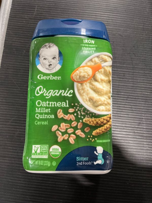 Photo 1 of Gerber Baby Cereal Organic Oatmeal Millet Quinoa, 8 oz Oatmeal Millet Quinoa 8 Ounce (Pack of 1)