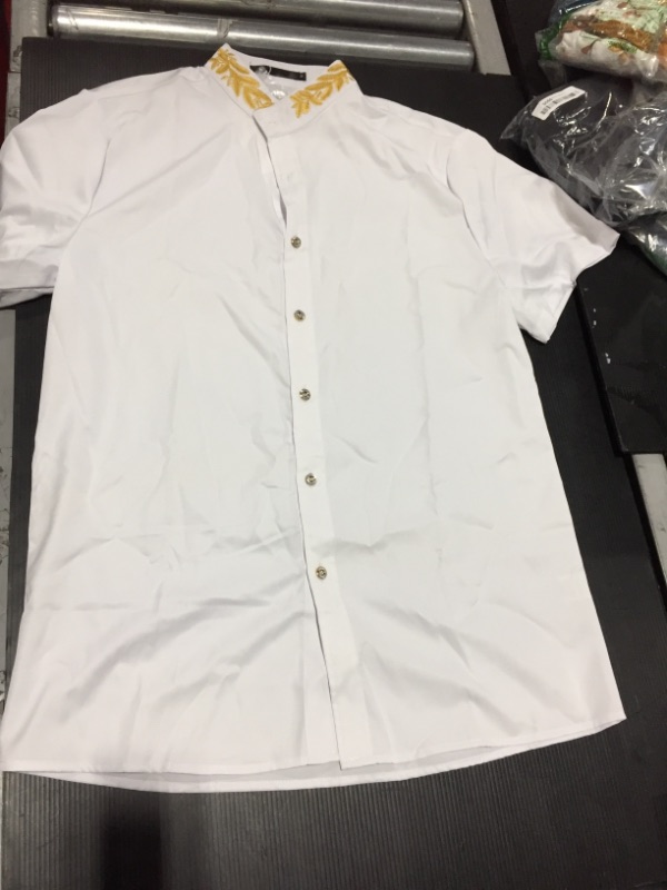 Photo 2 of ZEROYAA Mens Hipster Gold Embroidery Mandarin Collar Slim Fit Short Sleeve Casual Dress Shirts White Medium