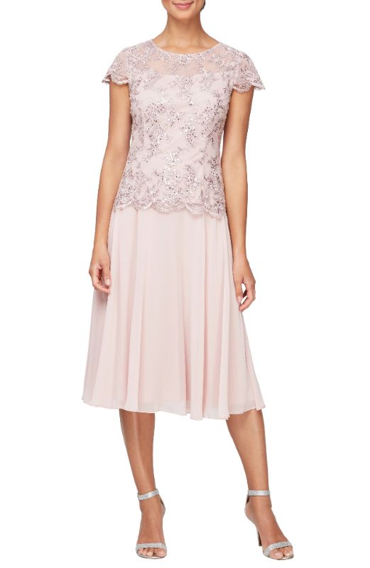 Photo 1 of Alex Evenings Tea Length Mock Dress with Illusion Neckline Scallop Detail and Full Skirt 14