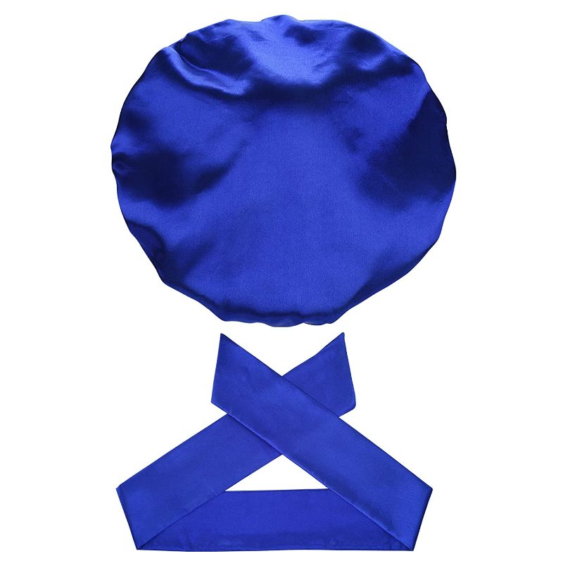 Photo 1 of 
Satin Bonnet Sleep Cap Edge Laying Scarf Set Reversible Double Layer Satin Cap (Royal Blue with Black)