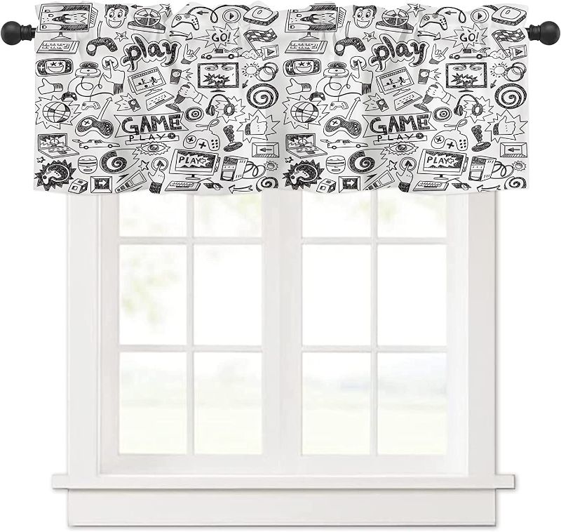 Photo 1 of 2 PACKS Window Valance Black White Sketch Cartoon Rod Pocket Short Curtains Panel for Kitchen Bedroom Windows Vintage 90's Boys Video Games Curtain Valances Bathroom Treatment Drapes