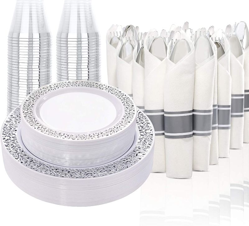 Photo 1 of  210 Pieces Silver Plastic Dinnerware, Disposable Silver Plates, Includes: 30 Dinner Plates, 30 Salad Plates, 30 Cups 9 OZ and 30 Per Rolled Napkins with Silver Cutlery,