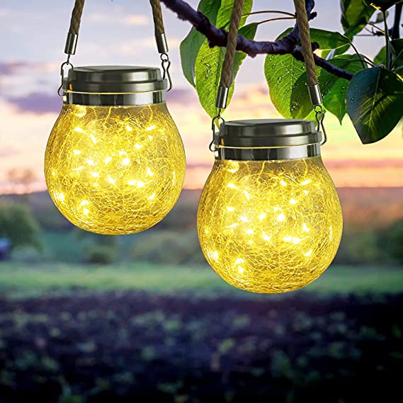 Photo 1 of 2 Pack Hanging Outdoor Solar Lights, Outdoor Decorative Crackle Mason Jar Glass Lamp, Waterproof Solar Lanterns with Handle for Garden, Yard, Porch, Tree, Tabletop Decorations (Warm White)
