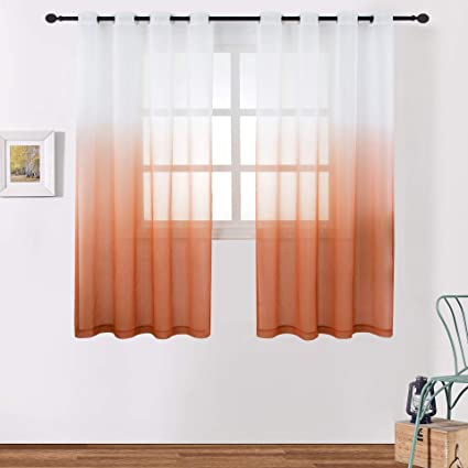 Photo 1 of BERMINO Faux Linen Ombre Sheer Curtains Voile Grommet Semi Sheer Curtain for Bathroom, Living Room Set of 2 Curtain Panels 54x63 Inch Pink Gradient  