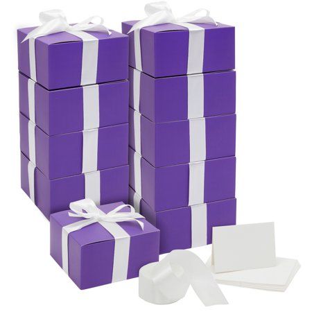 Photo 1 of 10 Pack 8x8x4 in Purple Paper Gift Boxes with Lids for Birthday & Christmas Present Wrapping with White Ribbon & Blank Holiday Greeting Cards
