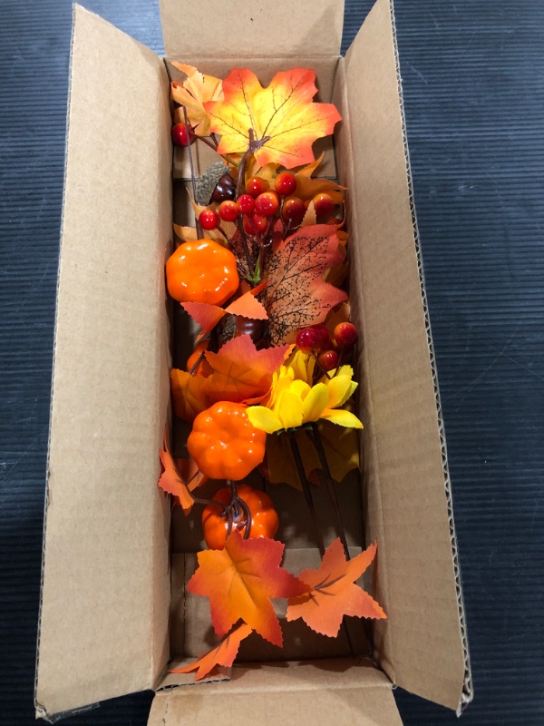 Photo 2 of 3 Pcs Artificial Fall Leaves Stems DIY Thanksgiving Decor Fall Flowers Orange Pumpkin Stems Maple Leaves Branches Sunflower Berries Acorn Picks Autumn Fall Decorations for Home Table Vase(Orange)