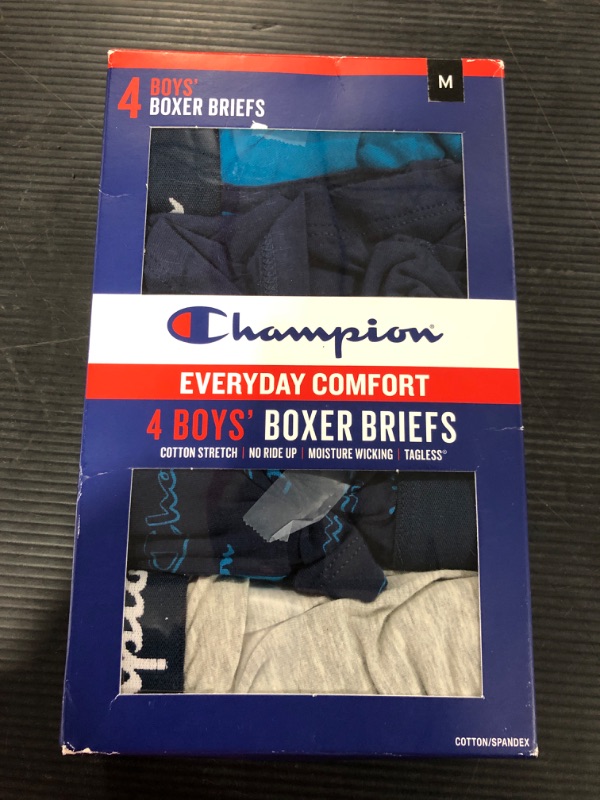 Photo 2 of [Size M] Champion Boys' Underwear, Cotton Stretch Boxer Briefs, Moisture-Wicking, Assorted 4-Pack Medium Navy/Teal/Grey