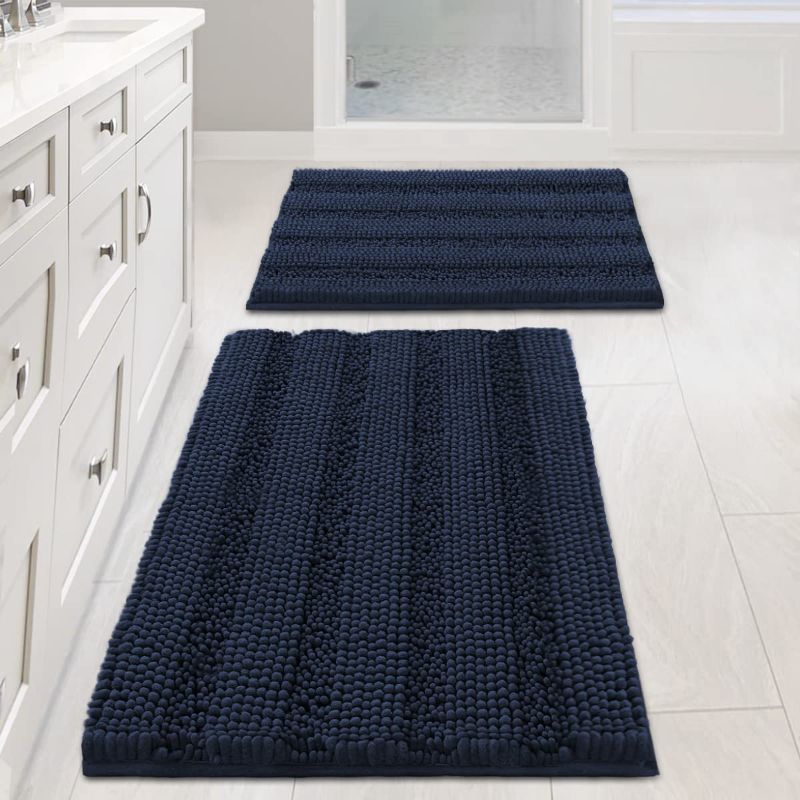 Photo 1 of 2 Piece Bathroom Set Bathroom Rugs Slip-Resistant Extra Absorbent Soft and Fluffy Striped Bath Mat Set Chenille Bath Rugs, Floor Mats Dry Fast Machine Washable (Navy Blue, 20" x 32"/17" x 24")
