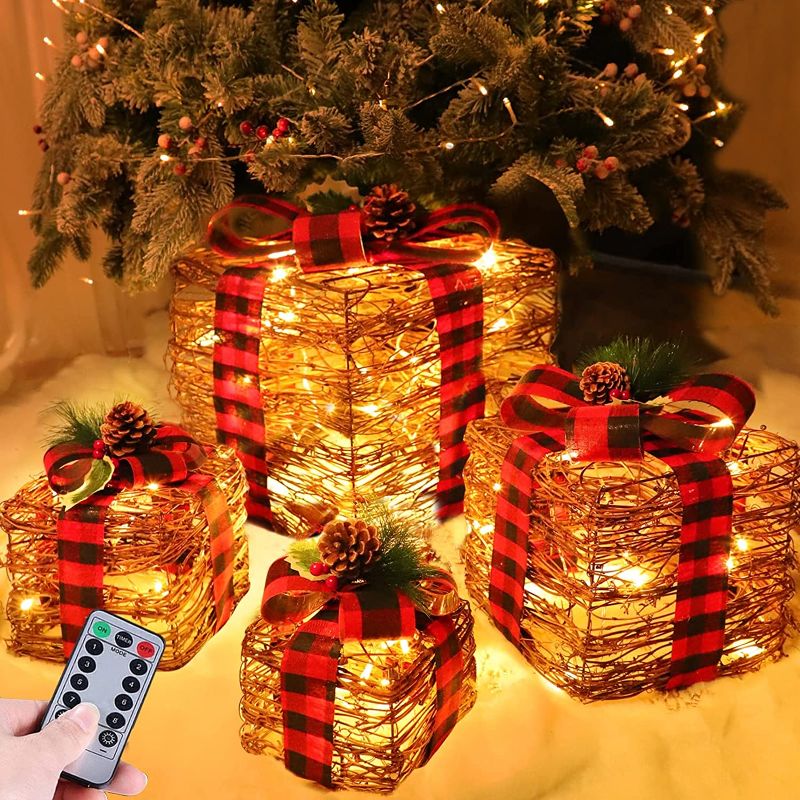 Photo 1 of 4 Pack Christmas 70 LED Lighted Gift Boxes Decor 8 Modes Timer Remote Battery Operated Rattan Present Boxes Christmas Decorations Tree Yard Home Holiday Indoor Outdoor

