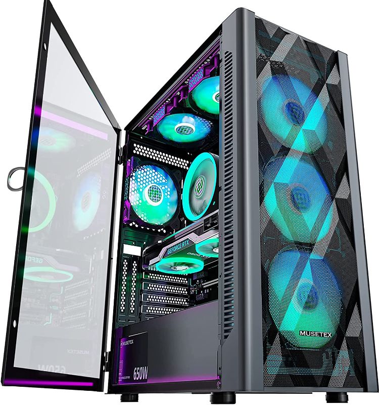 Photo 1 of MUSETEX ATX PC Case Mid-Tower with 6pcs 120mm ARGB Fans, Polygonal Mesh Computer Gaming Case with Type C, Opening Tempered Glass Side Panel, USB 3.0 x 2, Black, NN8. 