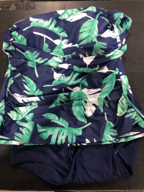 Photo 2 of [Size Small] Tempt Me Two Piece Tankini Bathing Suits for Women One Shoulder Swim Top with Shorts Swimsuits Navy Blue Leaf 