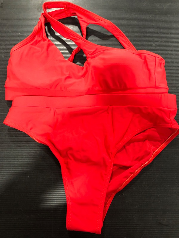Photo 2 of [Size Medium] NAFLEAP Women's One Shoulder Sport Bikini Set High Waisted Cutout Swimsuit Crop Top Bathing Suit red