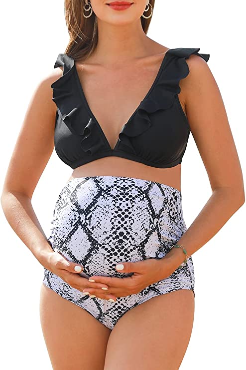 Photo 1 of [Size M] Summer Mae Maternity High Waist Swimsuit Two Piece Ruffle Bikini Bathing Suit Floral V-Neck Pregnancy Swimwear- Black and Brown Leopard