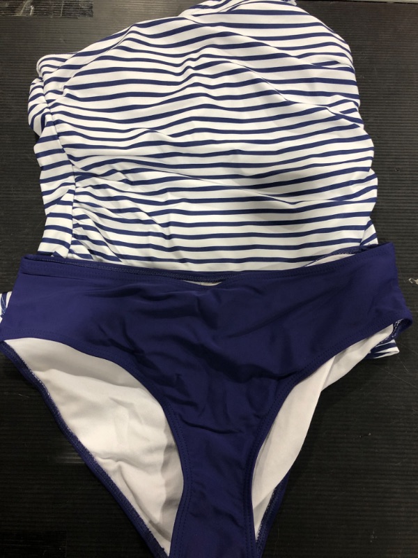 Photo 2 of [Size Medium] Tempt Me Two Piece Swimsuits for Women Tummy Control Bathing Suit One Shoulder Tankini Top with Bikini Bottoms Blue Striped