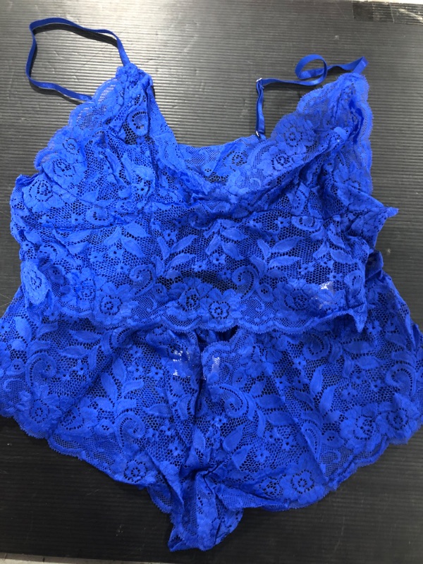 Photo 2 of [Size 3X-Large] Lilosy Sexy Sheer Floral Lace Pajamas Lingerie Set High Waist Sleepwear Bra and Panty 2 Piece Nightwear- Royal Blue