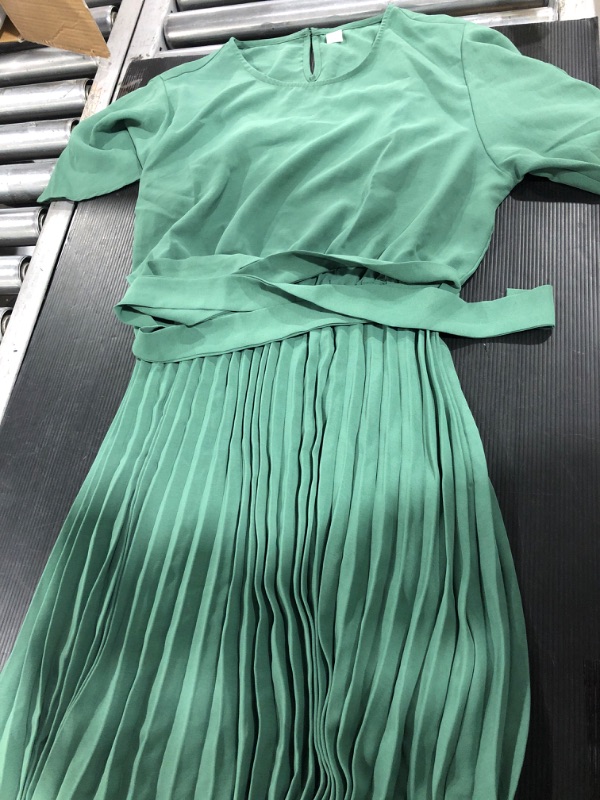 Photo 2 of [Size X-Small] Milumia Women's Elegant Belted Pleated Flounce Sleeve Long Dress -Green 