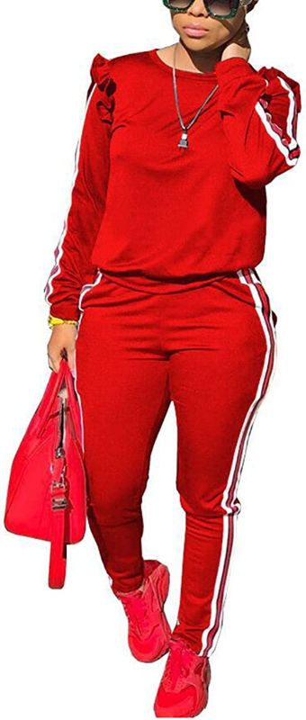 Photo 1 of Akmipoem Women's 2 Piece Outfits Ruffle Sleeve Sweatshirt and Pants Sweatsuits Set Tracksuits 2XL