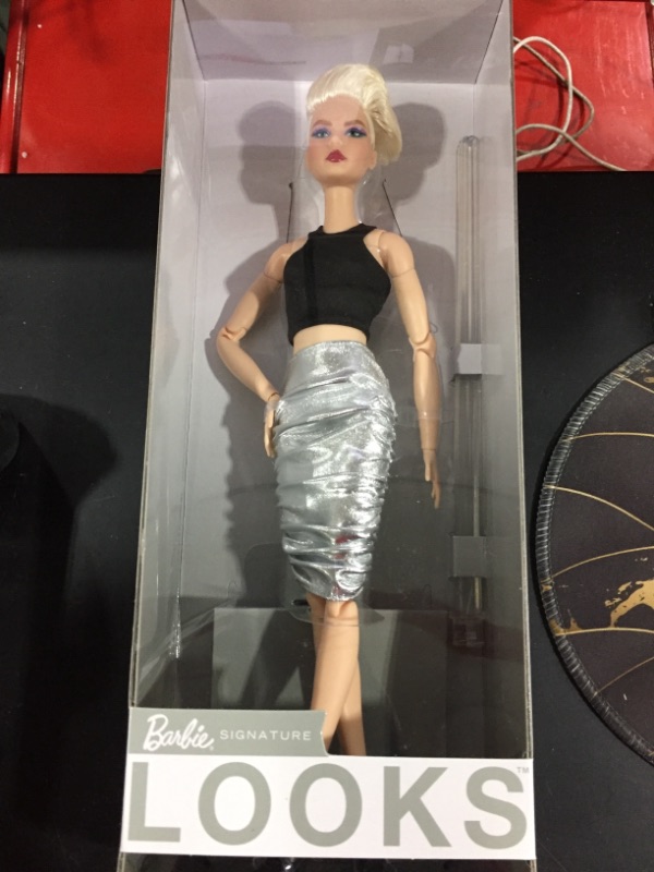 Photo 1 of Barbie Signature Looks Doll (Original, Blonde Pixie Cut) Fully Posable Fashion Doll Wearing Black Crop Top & Metallic Skirt, Gift for Collectors