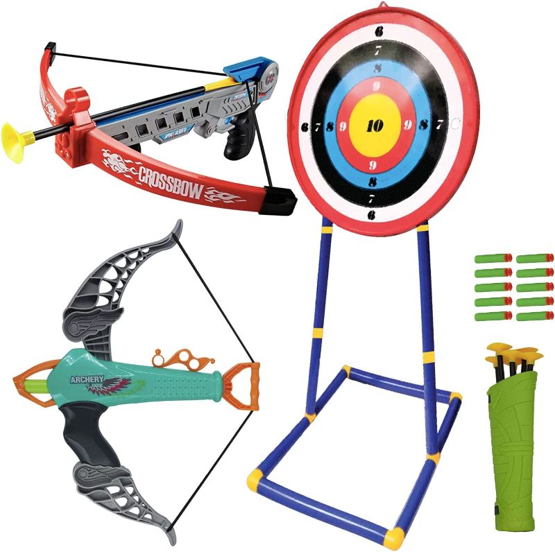Photo 1 of Bow and Arrow for Kids - Toy Bow and Arrow, 1 Crossbow & 1 Bow, 6 Arrows & 10 Darts with Suction Head & Detachable Standing Target, Outdoor Indoor Games for Children Boys Girls
