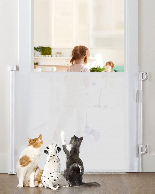 Photo 1 of Cumbor Retractable Baby Gates for Stairs, Mesh Pet Gate 33" Tall, Extends to 55" Wide, Extra Wide Dog Gate for the House, Long Child Safety Gates for Doorways, Hallways, Cat Gate Indoor/Outdoor(White)