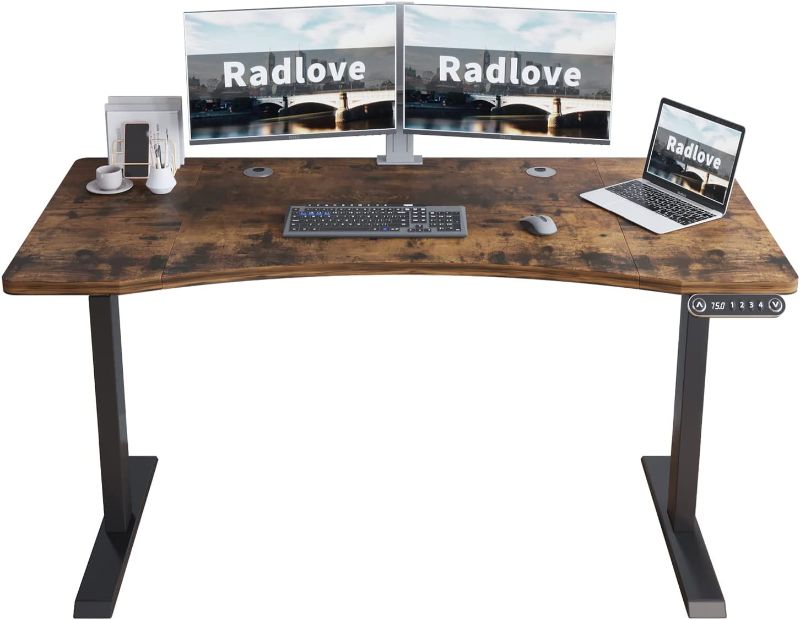 Photo 1 of Radlove Dual Motor Height Adjustable Standing Desk, 63 x 30 Height Adjustable Computer Desk Sit Stand Desk Home Office Desks with Splice Board 265 lb Load Capacity Black Frame + Rustic Brown Top
