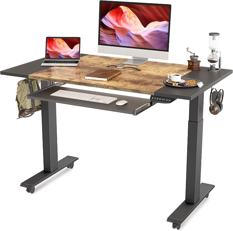Photo 1 of FEZIBO Dual Motor Height Adjustable Electric Standing Desk with Keyboard Tray, 48 x 24 Inch Sit Stand Table with Splice Board, Black Frame/Black and Rustic Brown Top
