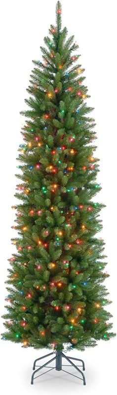 Photo 1 of National Tree Company Artificial Pre-Lit Slim Christmas Tree, Green, Kingswood Fir, Multicolor Lights, Includes Stand, 6.5 Feet
