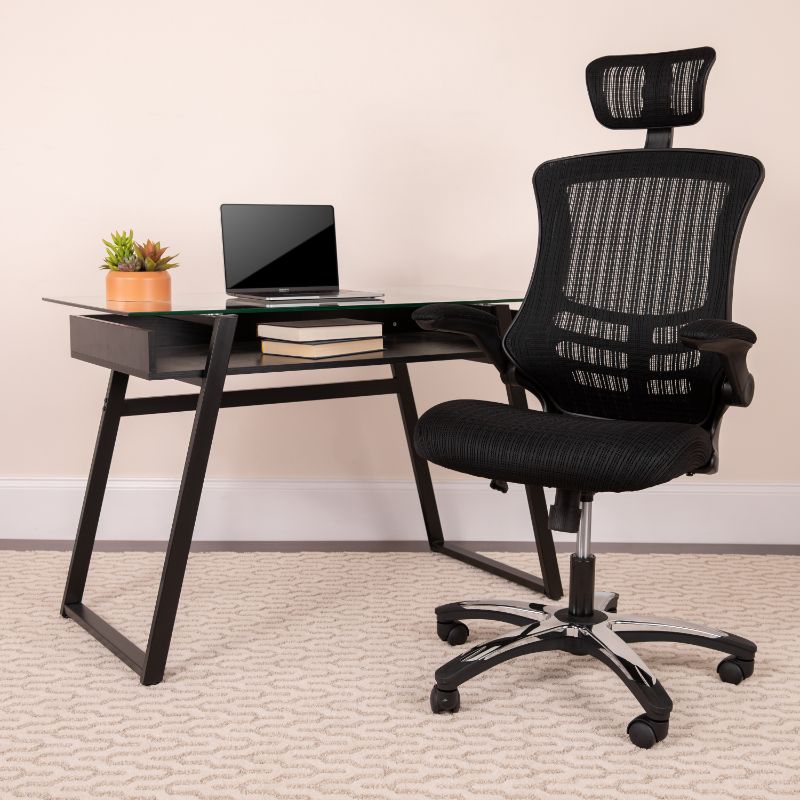 Photo 1 of BL-X-5H-GG High Back Black Mesh Executive Swivel Chair with Chrome Plated Nylon Base & Flip-up Arms
