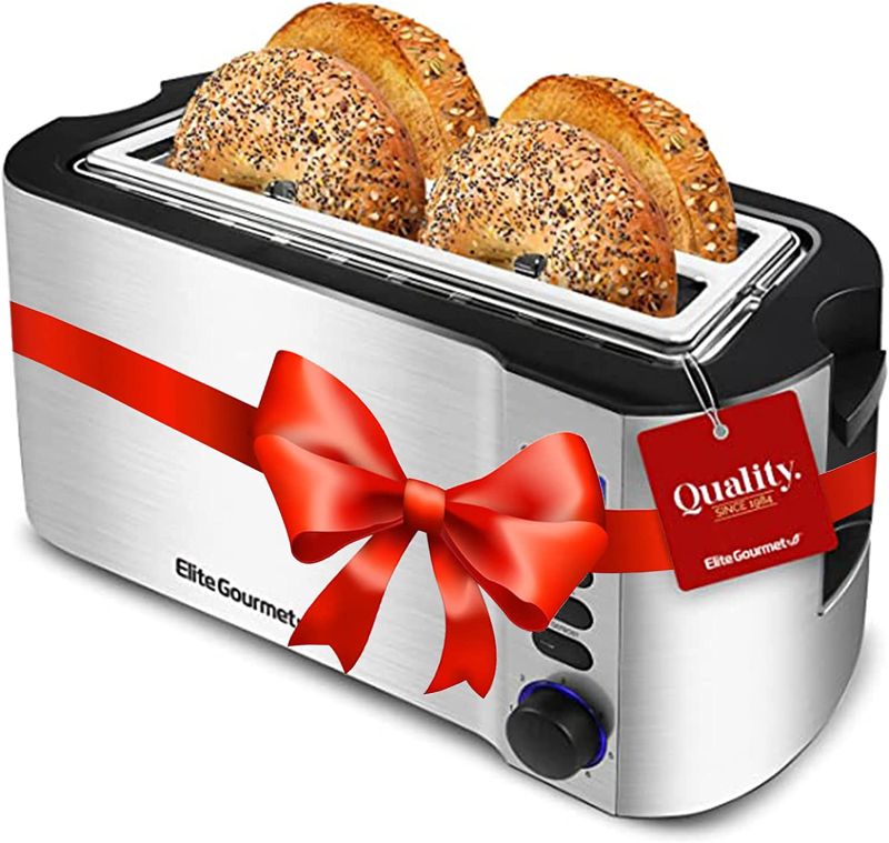 Photo 1 of Elite Gourmet ECT4400B# Long Slot 4 Slice Toaster, Countdown Timer, Bagel Function, 6 Toast Setting, Defrost, Cancel Function, Built-in Warming Rack, Extra Wide Slots for Bagel Waffle, Stainless Steel
