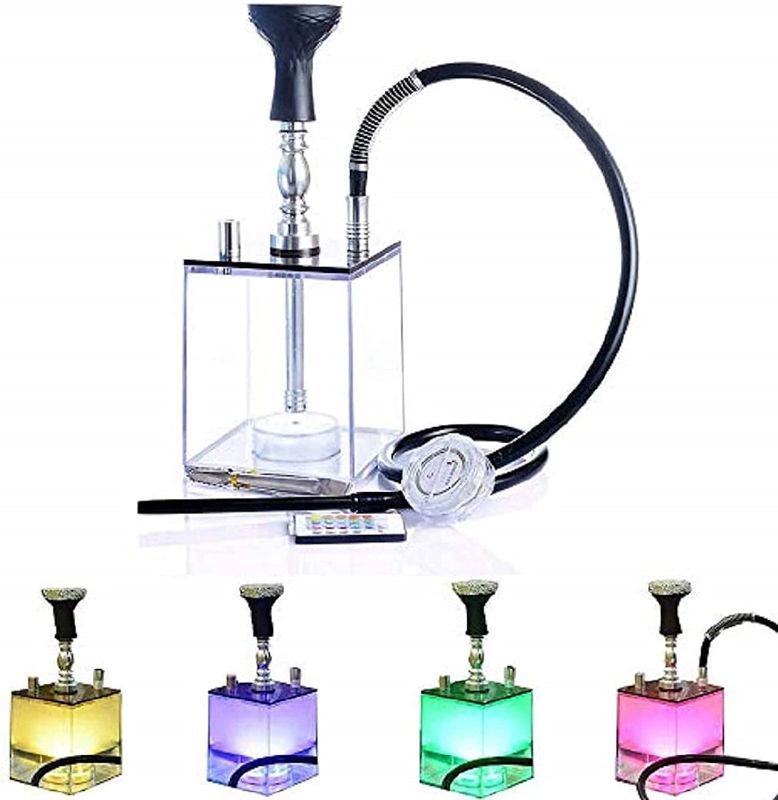 Photo 1 of Acrylic Hookah Complete Set with LED Lights and Remote Control - Light Colors Variation - Modern Design Shisha Smoking Kit – Glass Water Pipe Narguile - Includes Accessories
