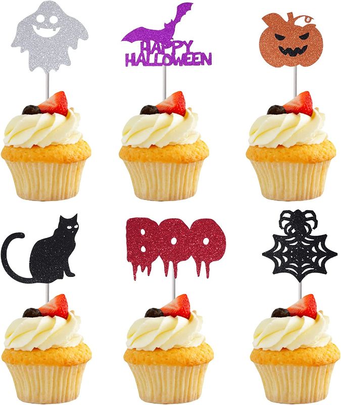 Photo 1 of 72 Pcs Halloween Toppers, Happy Halloween Cupcake Topper with Spider Ghost Boo Bat Pumpkin Black Cat, Halloween Themed Party Cake Decorations Supplies - SET OF 2