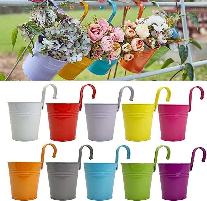 Photo 1 of 10 Pack of 4 Inch Metal Iron Colorful Hanging Flower Planter Pots for Windows Wall Fence and Balcony Garden with Detachable Hook (with Drainage Hole)