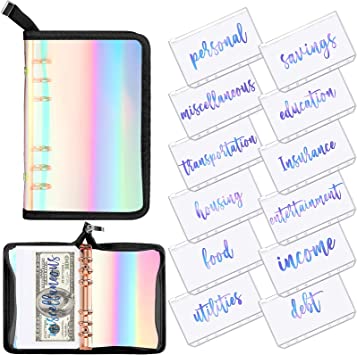 Photo 1 of 25 Pieces Rainbow PVC Notebook Cover A6 Binder Folders Zipper Budget Envelopes 6-Ring PVC Planner Organizer with 12 Categories Binder Zipper Pockets Budget Sheets for Bill Planner PINK