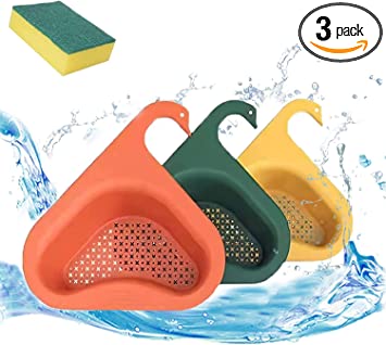 Photo 2 of 3 Pack Reusable Sponge, Kitchen Triangle Sink Filter, Corner Kitchen Sink Strainer Basket, Multi-function Water Storage Tank Drain Rack Fits All Sink Swan Drain Basket Sink with