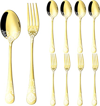 Photo 1 of 24 Piece Spoons and Forks Set with Unique Pattern, Stainless Steel Silverware, LaienLife Modern Set of 12 Forks Spoons Flatware, for Home Dining Restaurant, Mirror Polished Dishwasher Safe - Gold
