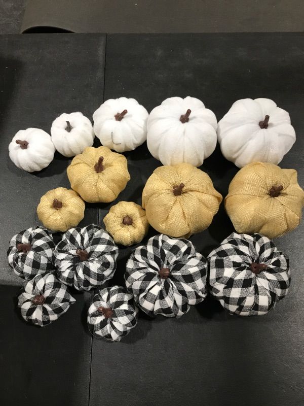 Photo 1 of 16 Pcs Artificial Pumpkins Assorted Fall Pumpkins White Pumpkins Burlap Pumpkins Rustic Pumpkins for Fall Harvest Thanksgiving Halloween Fireplace Decorations