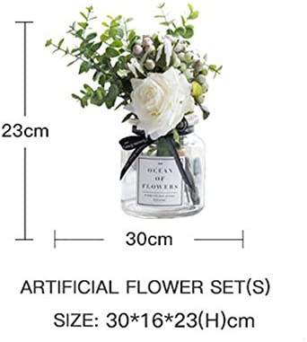 Photo 3 of  Vase with Artificial Flower Set 1 Piece Fake Rose Berry Leaf Floral Flower Arrangement Glass Rose (White S)