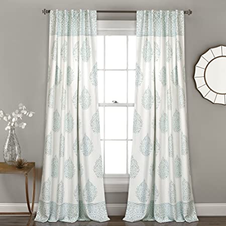 Photo 1 of Lush Decor Teardrop Leaf Curtains Room Darkening Window Panel Set for Living, Dining, Bedroom (Pair),
 84 in x 52 in, Blue 