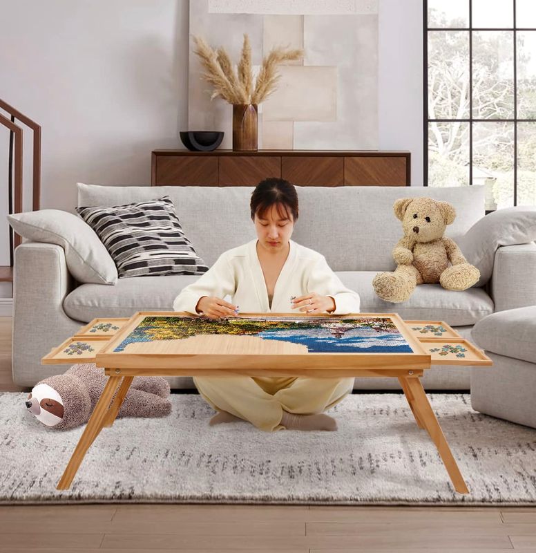 Photo 1 of 1500 Piece Wooden Jigsaw Folding Puzzle Board, Puzzle Table with Legs and Protective Cover, 34” X 26.3” Jigsaw Puzzle Board with 4 Drawers & Cover, Portable Puzzle Tables for Adults and Children
