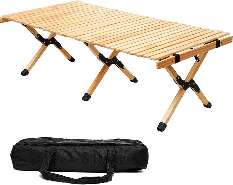 Photo 1 of 4ft Low Height Portable Folding Wooden Travel Camping Table for Outdoor/Indoor Picnic, BBQ and Hiking with Carry Bag, Multi-Purpose for Patio, Garden, Backyard, Beach