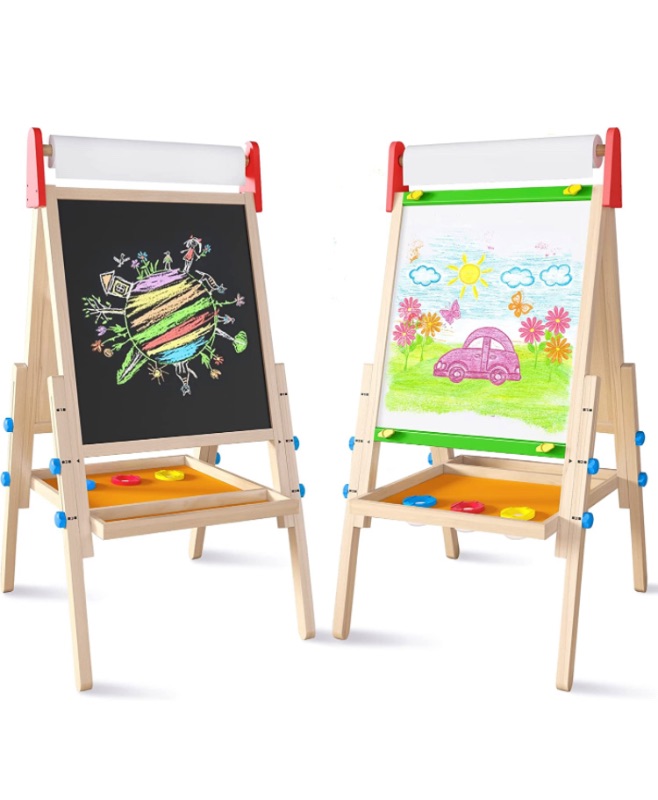 Photo 1 of Easel for Kids with 2 Drawing Paper Roll, Learning-Toy for 3,4,5,6,7,8 Years Old Boy & Girls, Wooden Chalkboard & Magnetic Whiteboard & Painting Paper Stand, Gift & Art Supplies for Toddler