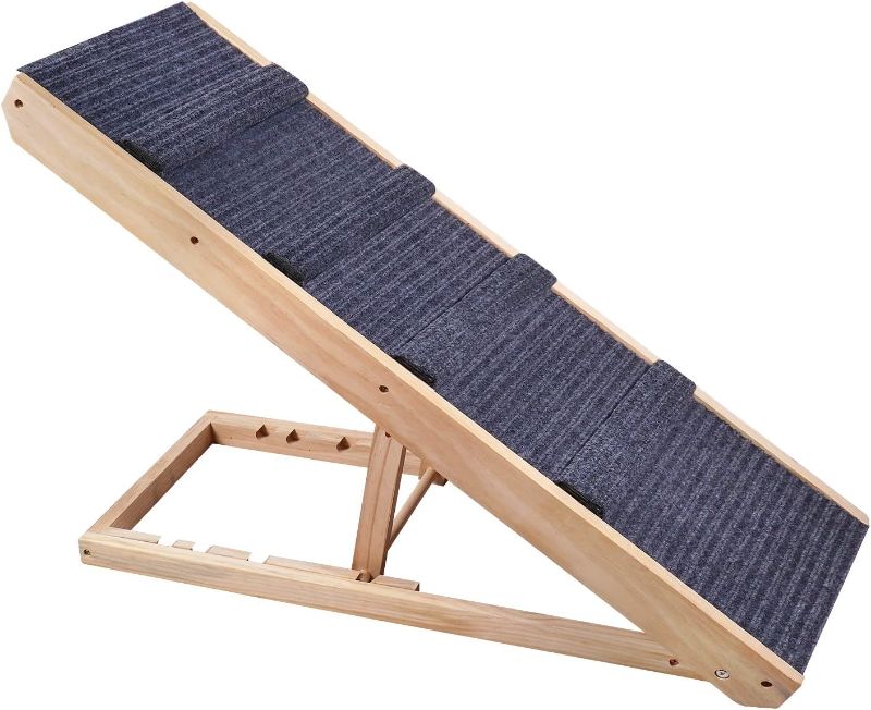 Photo 1 of  Upgraded Wooden Adjustable Pet Ramp, Dogs, and Cat Bed Ramp, Foldable Portable Dog Ramp, Non-Slip Cat Dog Safety Ramps for Bed, Couch, Car,40" Long and Adjustable from 9" to 24" (Wood)
