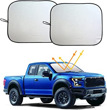 Photo 1 of 2 Piece Windshield Sunshade,Block UV Rays Sun Visor Protector,Durable 240T Polyester Sunshades Reflective Fabric Blocks Sun Keeps Your Vehicle Cool (XL (32.5"x36"))