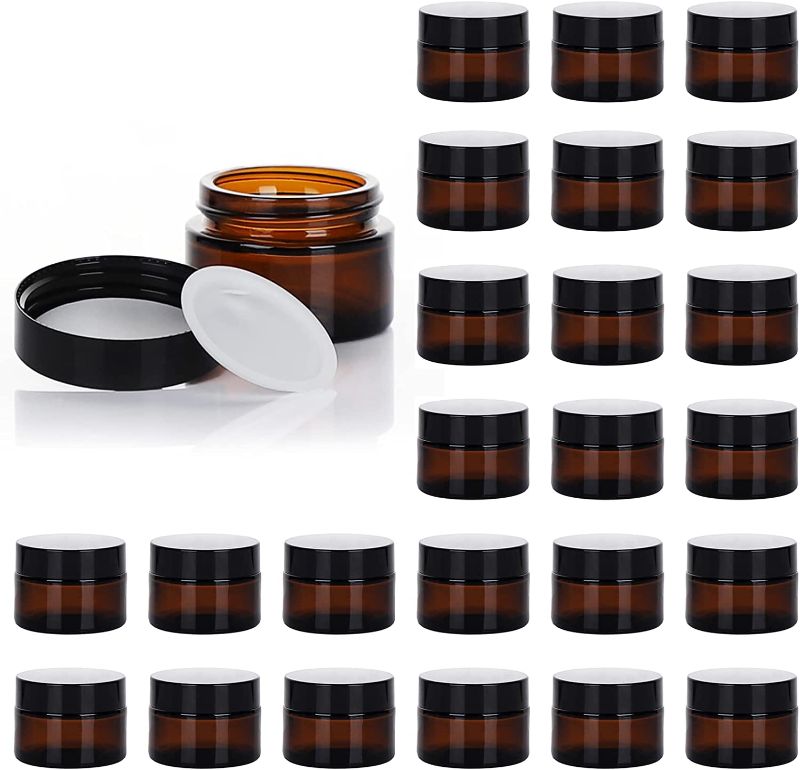 Photo 1 of 1oz Glass Jar with Lid, Hoa Kinh 25Pack Amber Round Containers Cosmetic Glass Jars with Inner Liners and Black Lids Travel Jars for Storing Lip and Body Scrub, Lotion, Body Butter, Bath Salts, Liquid
