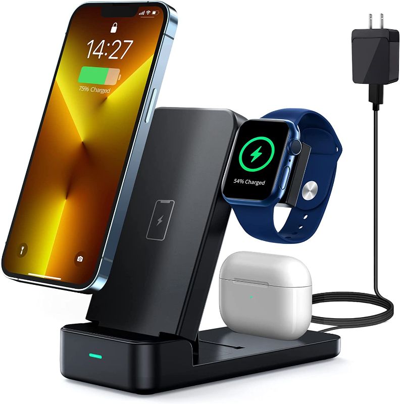 Photo 1 of 3 in 1 Wireless Charging Station, Foldable Wireless Charger, 15W Fast Charging Station for Multiple Devices, Portable Charger Compatibles with iPhone 13/12/11/XS/XR Series, AirPods, iWatch, Samsung
