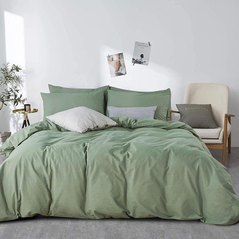 Photo 1 of  Green 100% Washed Cotton Duvet Cover Set, 3 Pieces Luxury Soft Bedding Set King Size (NO COMFORTER)