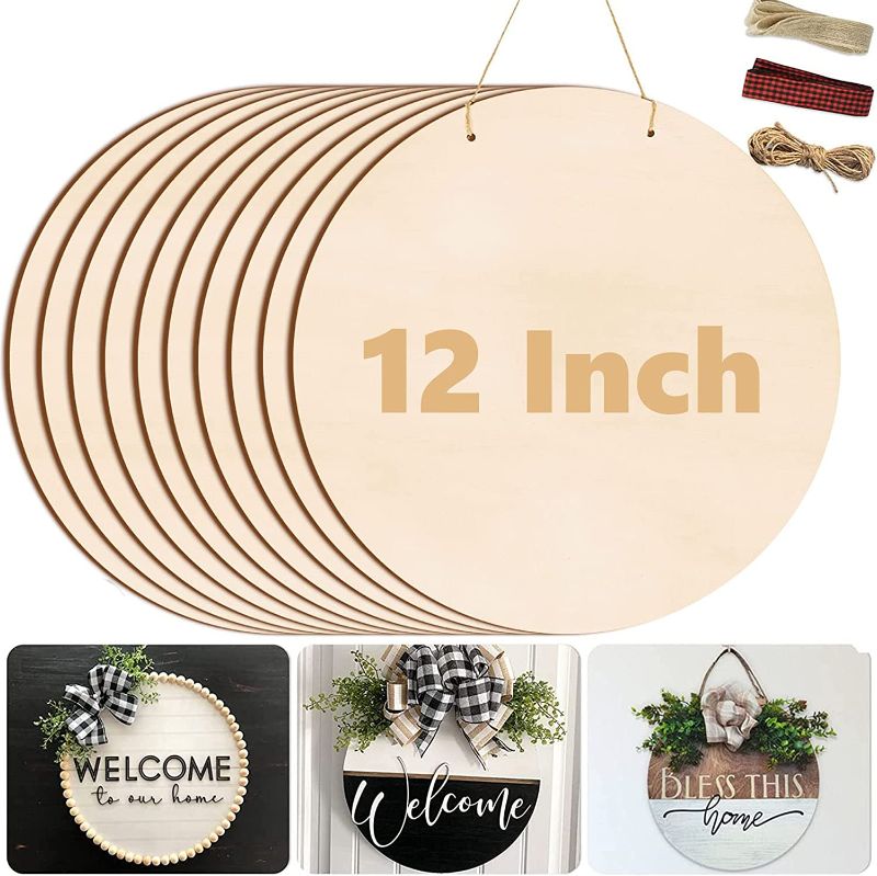 Photo 1 of 12 Inch Wood Circles for Crafts, 8Pcs Unfinished Wood Rounds Christmas Crafts Wooden Circles for DIY Crafts, Door Hanger, Sign, Wood Burning, Painting, Christmas Home Decorations 
